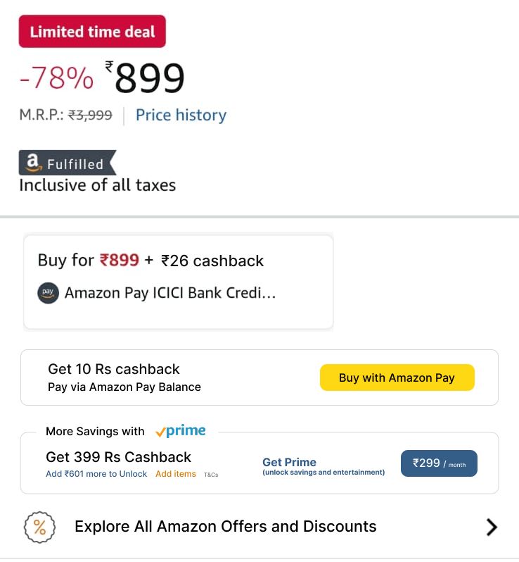 Amazon Offer Sheet showing Prime Only and 1500 min purchase requirement on 899 product