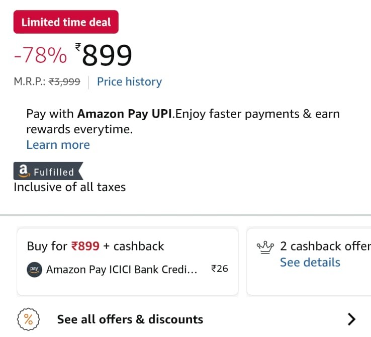 Amazon Offer Sheet showing Prime Only and 1500 min purchase requirement on 899 product