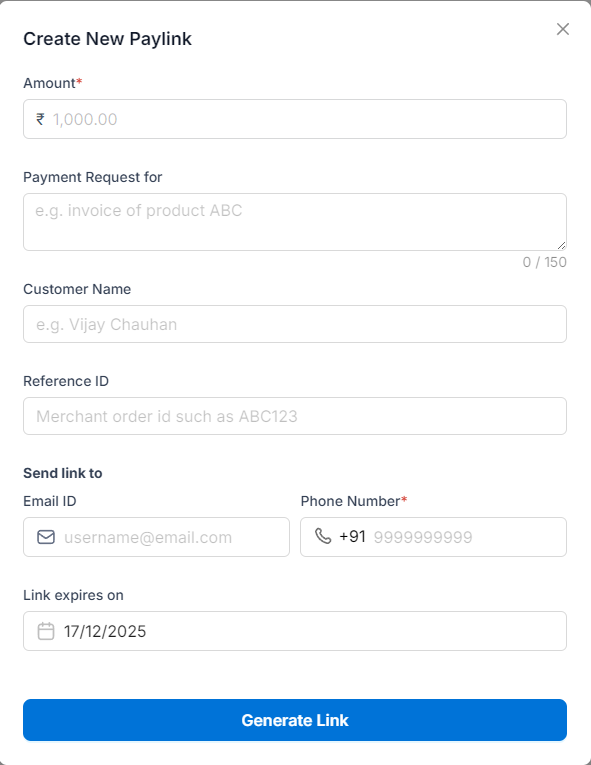 PhonePe Business Link Generation UI showing mandatory phone number field